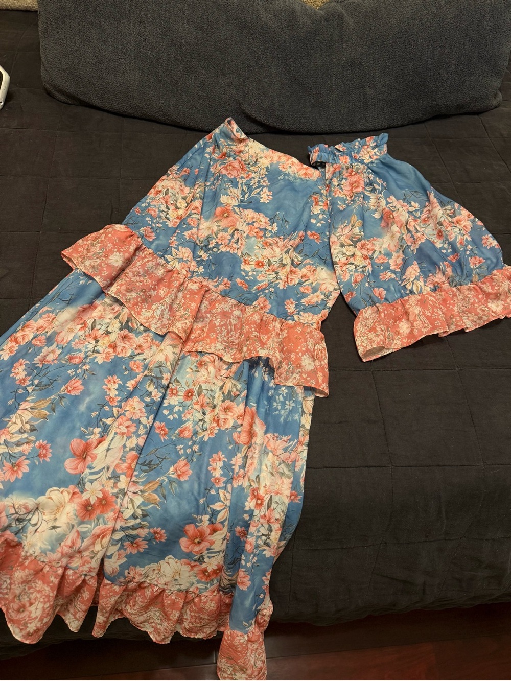 Blue and Pink Floral Tiered Skirt